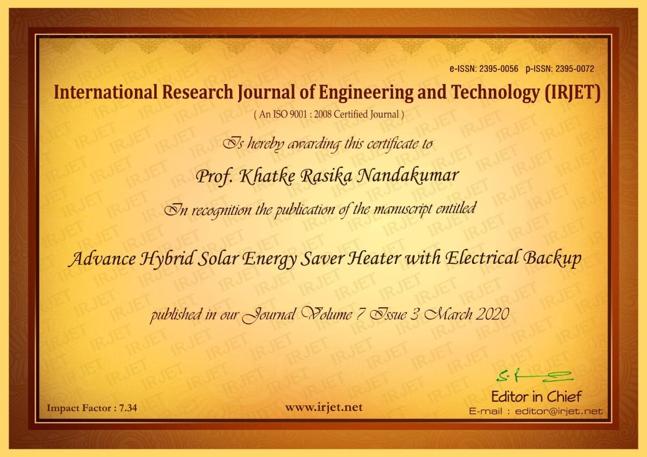 You are currently viewing Prof. Rasika N Khatke. “Advance Hybrid Solar Energy Saver Heater with Electrical Backup” to promote elementary education in the International Research Journal of Engineering and Technology