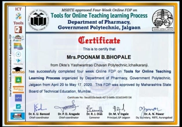 Read more about the article Congratulate Prof.Poonam.B.Bhopale from E&TC Dep. for completing A-4 Week Online FDP on “Tools for Online Teaching-Learning Process”