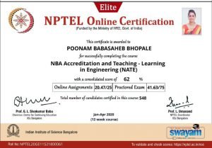 Read more about the article Our faculty Mrs. P.B.Bhopale successfully completed NPTEL Online certification course on NBA Accreditation and teaching