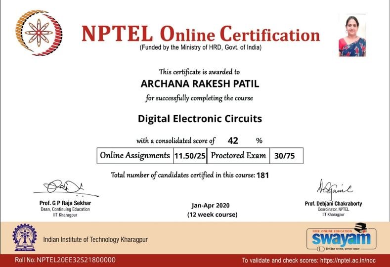 Read more about the article Our faculty Mrs. A.R.Patil successfully completed NPTEL Online certification course on Digital Electronics Circuits.